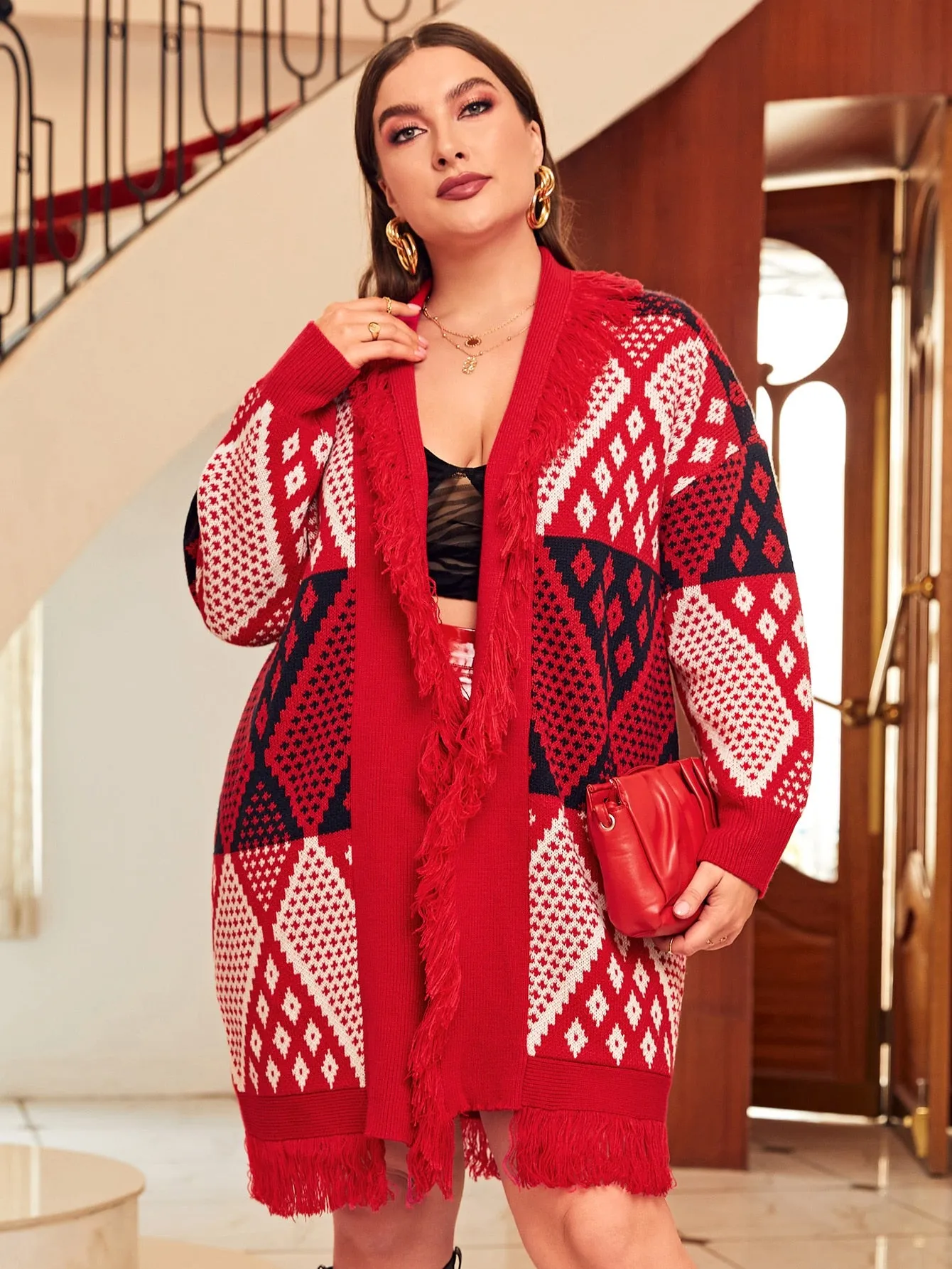 All Over Print Fringe Long Sleeve Knee Length Plus Size Cardigan