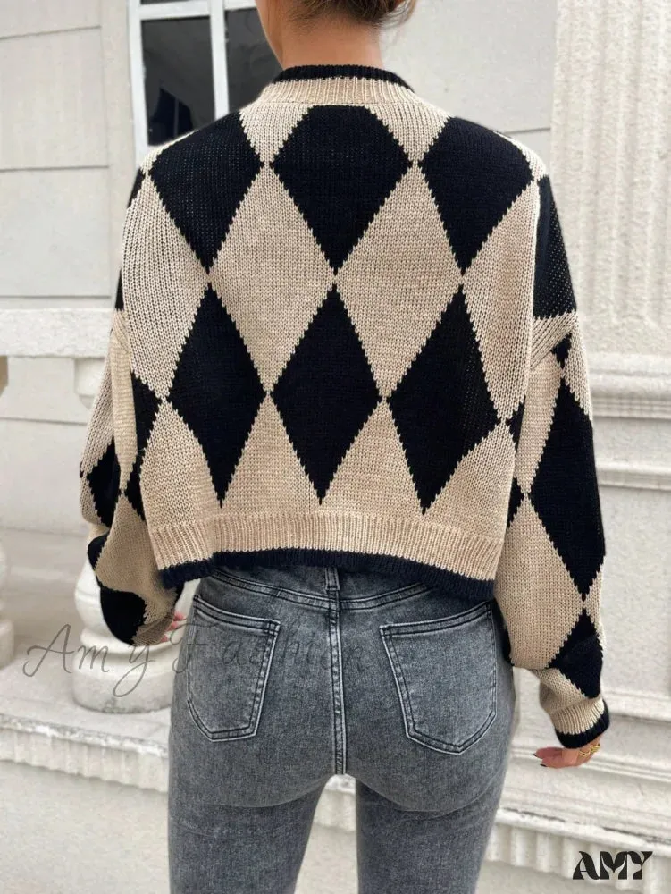 Amy Fashion - Argyle Pattern Drop Shoulder Duster Cardigan