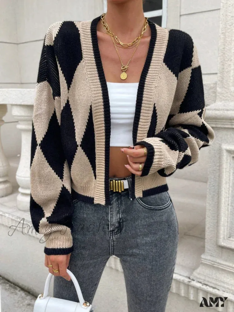 Amy Fashion - Argyle Pattern Drop Shoulder Duster Cardigan