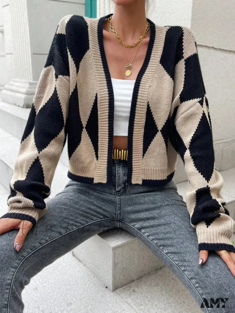 Amy Fashion - Argyle Pattern Drop Shoulder Duster Cardigan