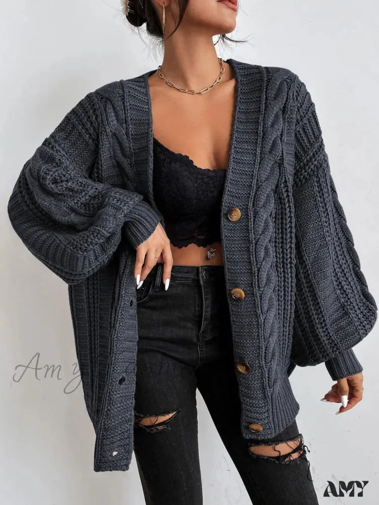 Amy Fashion - Space Dye Drop Shoulder Cable Knit Lantern Sleeve Cardigan