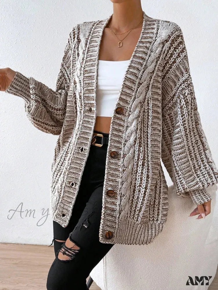 Amy Fashion - Space Dye Drop Shoulder Cable Knit Lantern Sleeve Cardigan