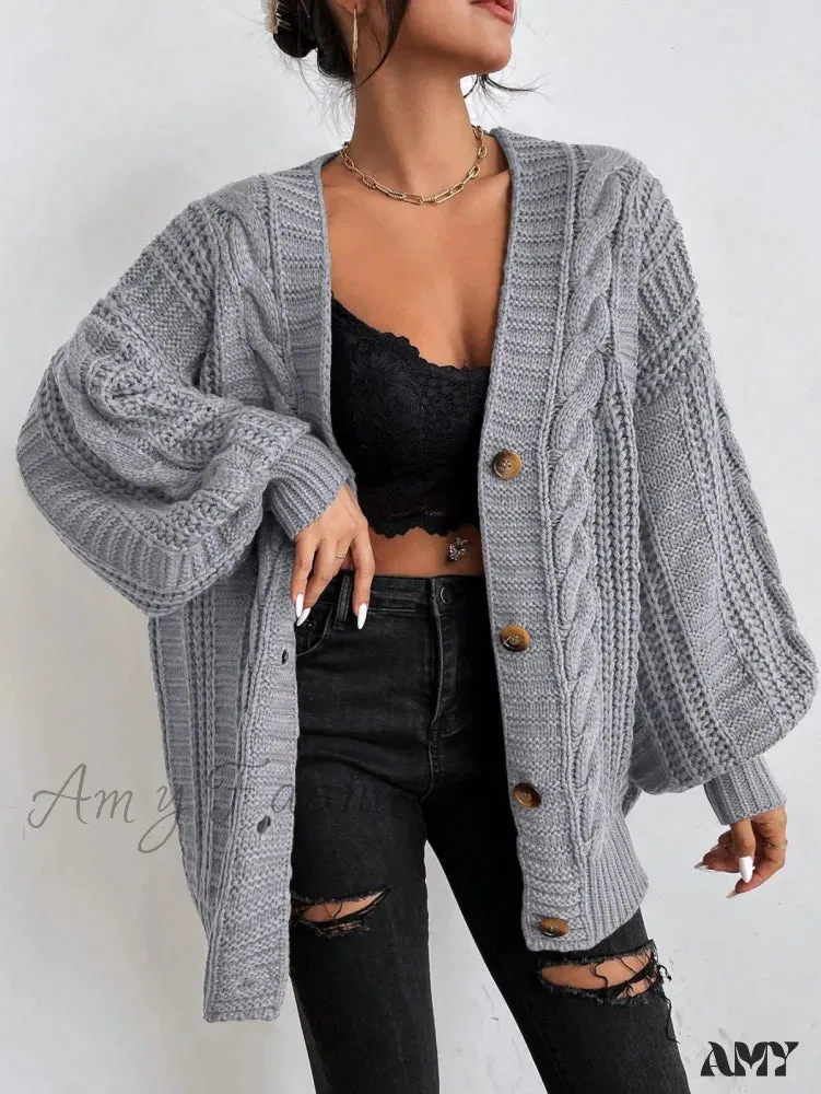 Amy Fashion - Space Dye Drop Shoulder Cable Knit Lantern Sleeve Cardigan