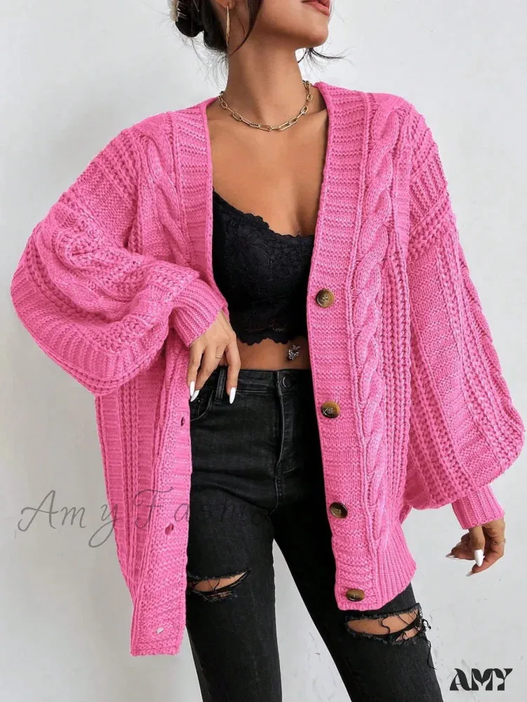 Amy Fashion - Space Dye Drop Shoulder Cable Knit Lantern Sleeve Cardigan