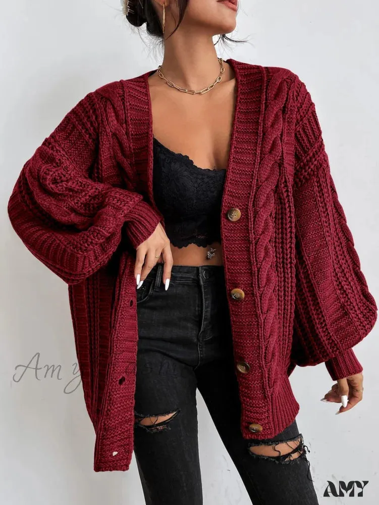 Amy Fashion - Space Dye Drop Shoulder Cable Knit Lantern Sleeve Cardigan