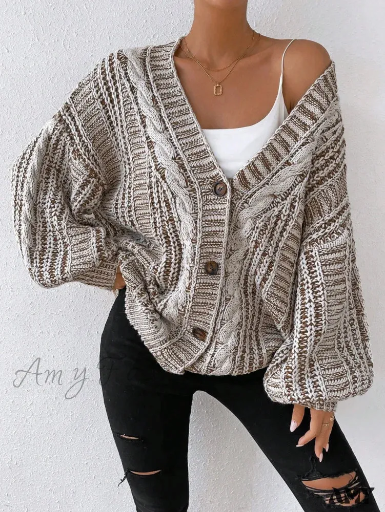 Amy Fashion - Space Dye Drop Shoulder Cable Knit Lantern Sleeve Cardigan