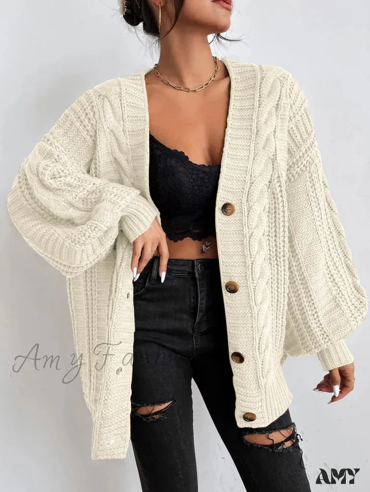 Amy Fashion - Space Dye Drop Shoulder Cable Knit Lantern Sleeve Cardigan