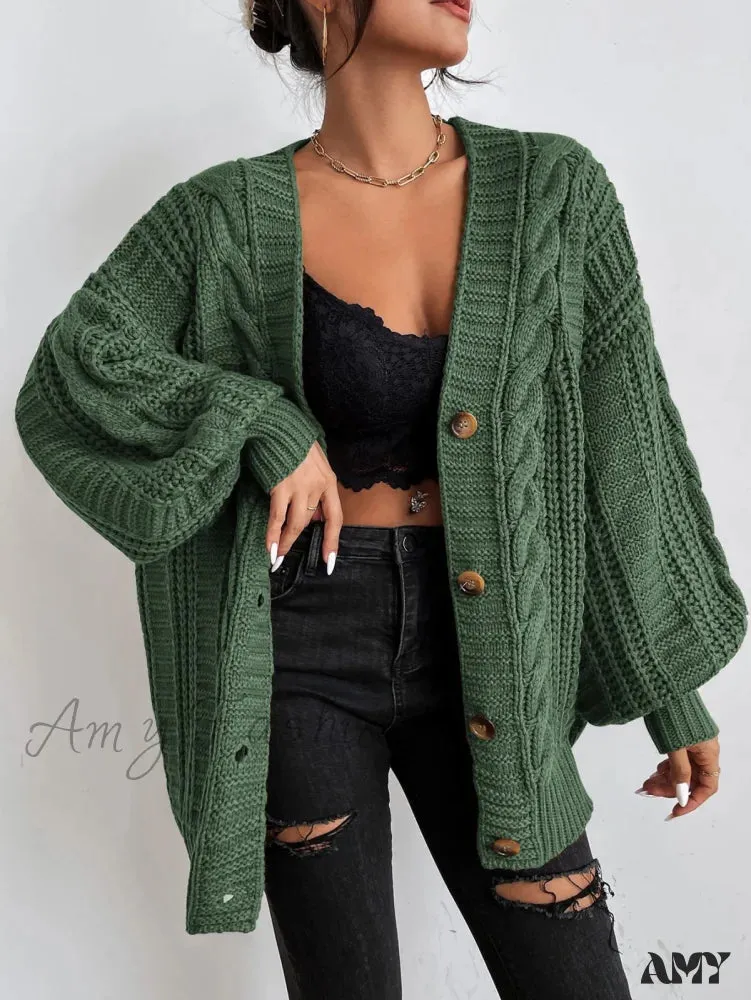 Amy Fashion - Space Dye Drop Shoulder Cable Knit Lantern Sleeve Cardigan