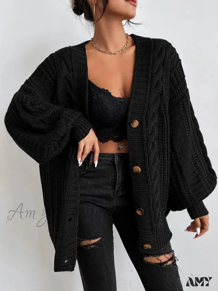 Amy Fashion - Space Dye Drop Shoulder Cable Knit Lantern Sleeve Cardigan