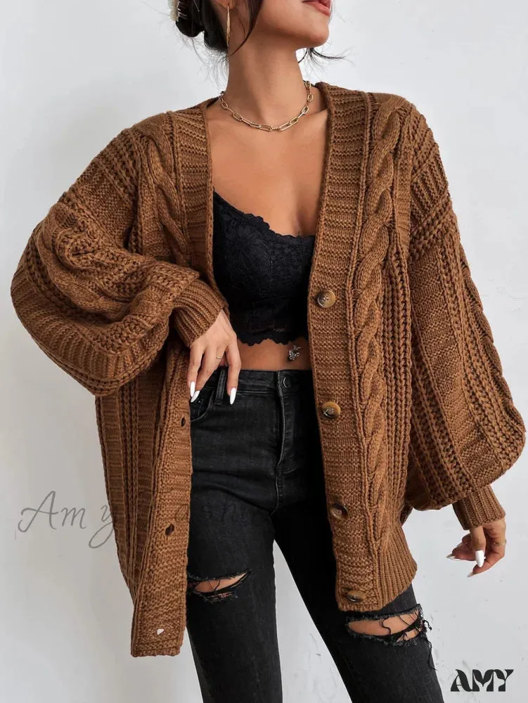 Amy Fashion - Space Dye Drop Shoulder Cable Knit Lantern Sleeve Cardigan