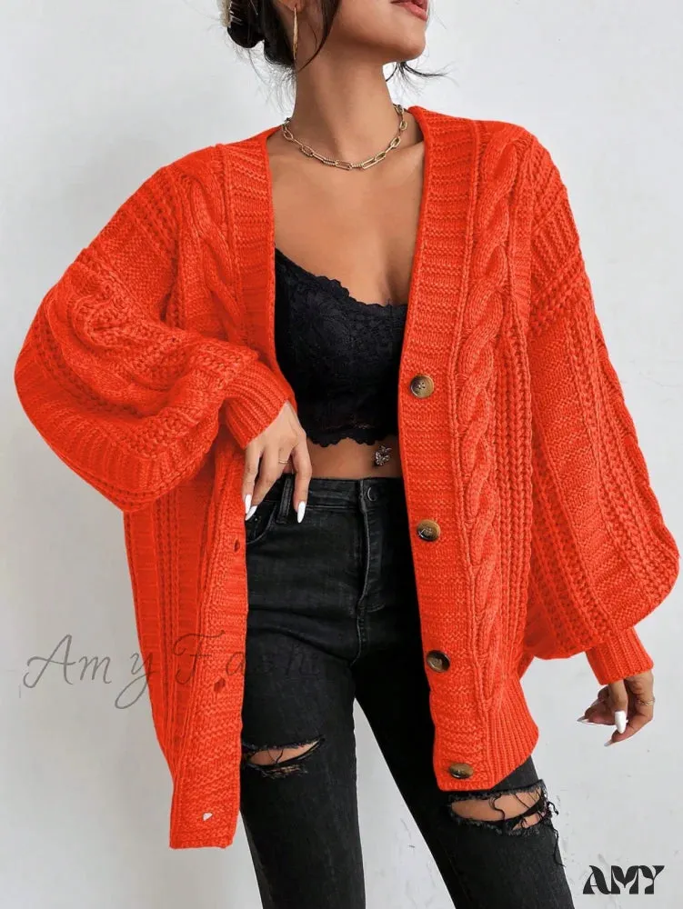 Amy Fashion - Space Dye Drop Shoulder Cable Knit Lantern Sleeve Cardigan