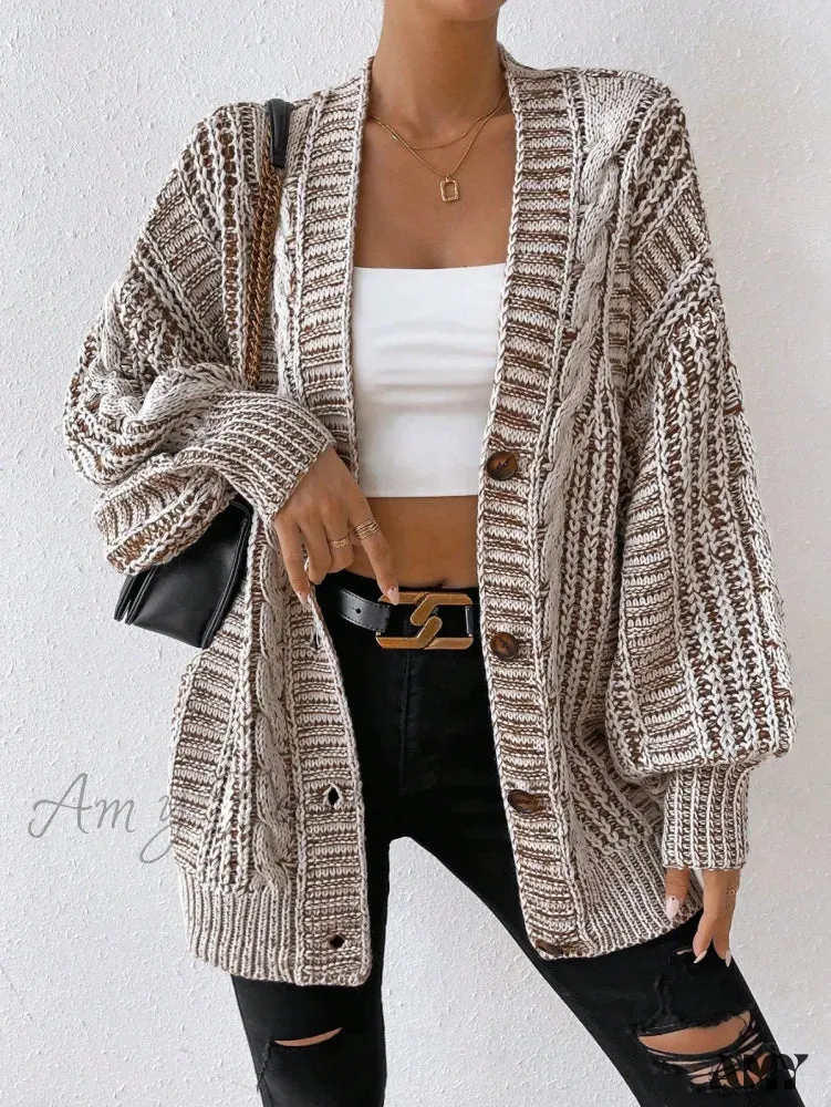 Amy Fashion - Space Dye Drop Shoulder Cable Knit Lantern Sleeve Cardigan