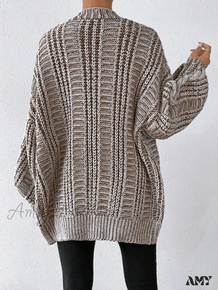 Amy Fashion - Space Dye Drop Shoulder Cable Knit Lantern Sleeve Cardigan