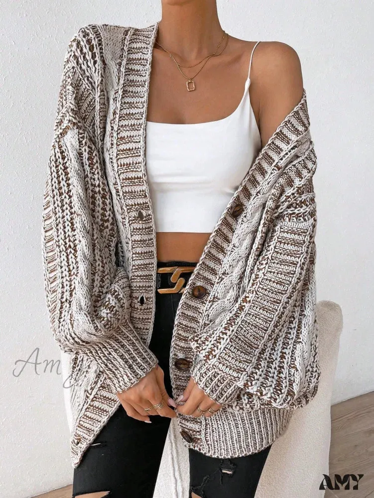 Amy Fashion - Space Dye Drop Shoulder Cable Knit Lantern Sleeve Cardigan