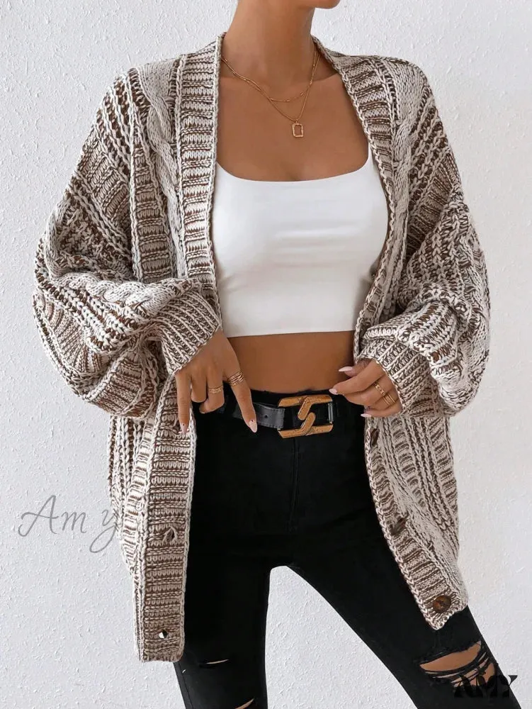 Amy Fashion - Space Dye Drop Shoulder Cable Knit Lantern Sleeve Cardigan