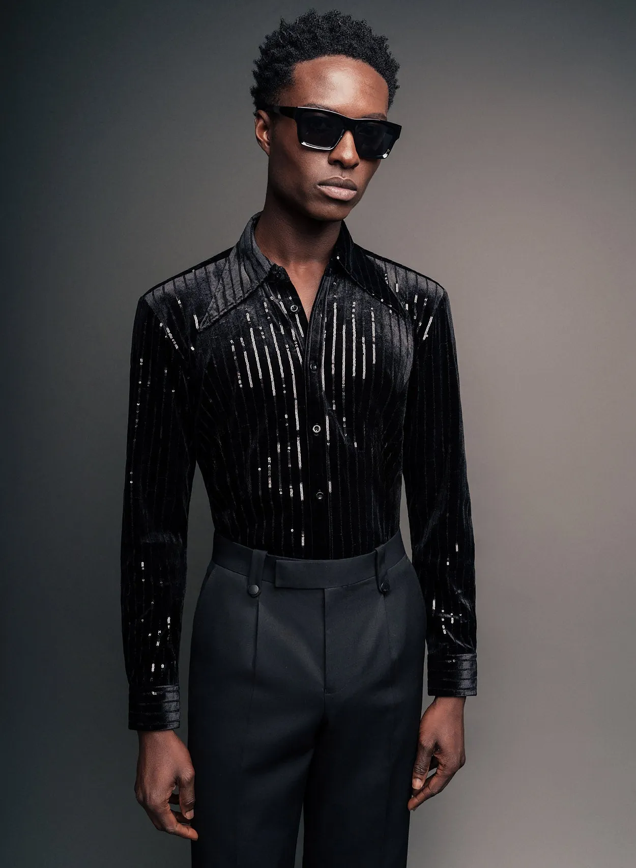 Black Velvet Dagger Collar Sequin Pinstripe Shirt