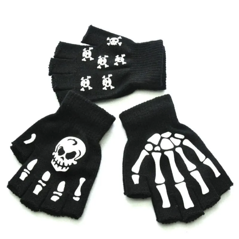 Black Warm Knitting Half Finger Skeleton Head Print Gloves MK16905