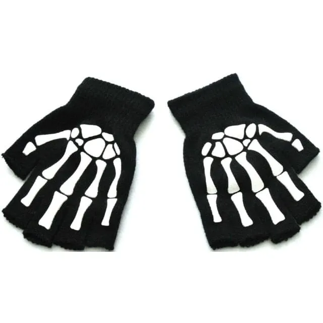 Black Warm Knitting Half Finger Skeleton Head Print Gloves MK16905