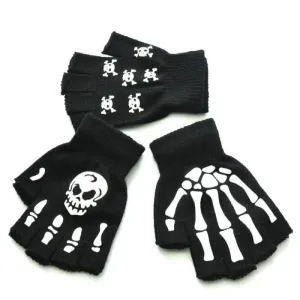 Black Warm Knitting Half Finger Skeleton Head Print Gloves MK16905