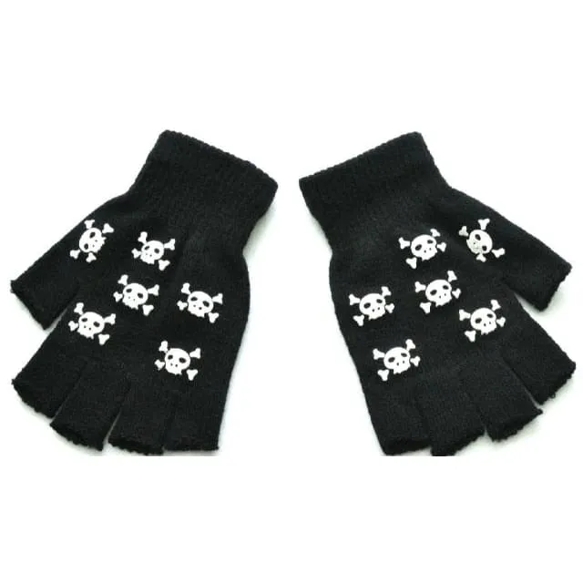 Black Warm Knitting Half Finger Skeleton Head Print Gloves MK16905