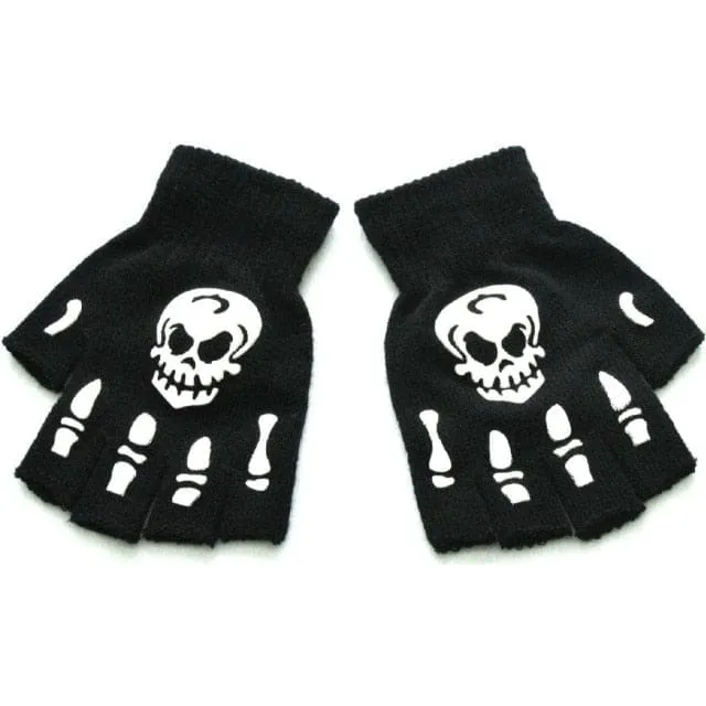 Black Warm Knitting Half Finger Skeleton Head Print Gloves MK16905