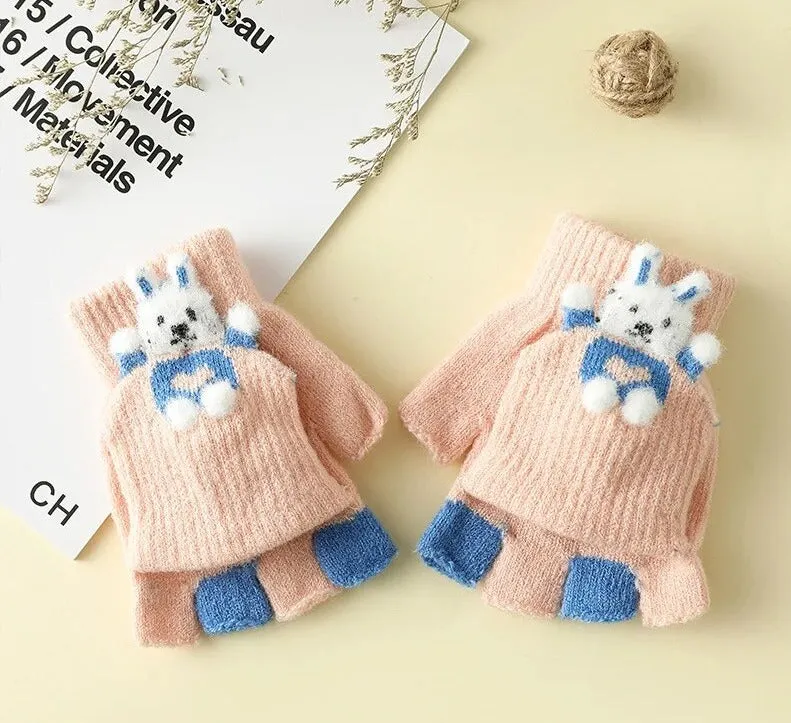 Cartoon Bunny Warm Half Finger Flip Gloves for Kids