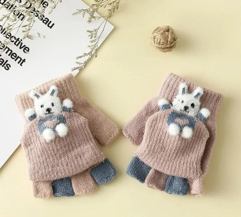 Cartoon Bunny Warm Half Finger Flip Gloves for Kids