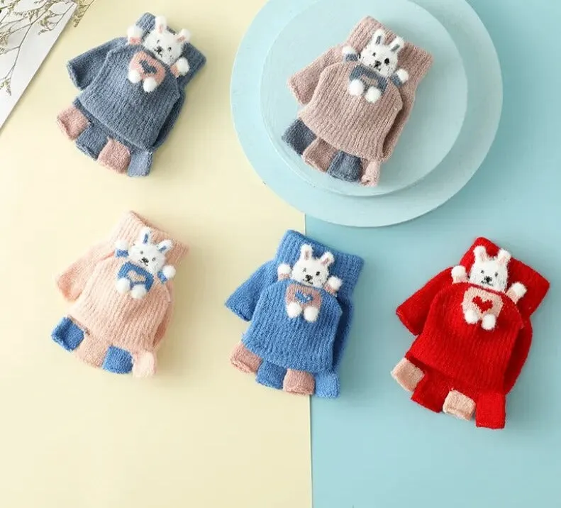 Cartoon Bunny Warm Half Finger Flip Gloves for Kids