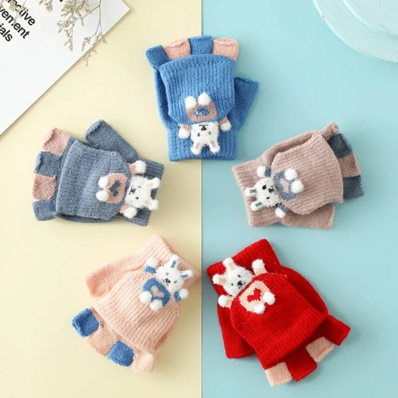 Cartoon Bunny Warm Half Finger Flip Gloves for Kids