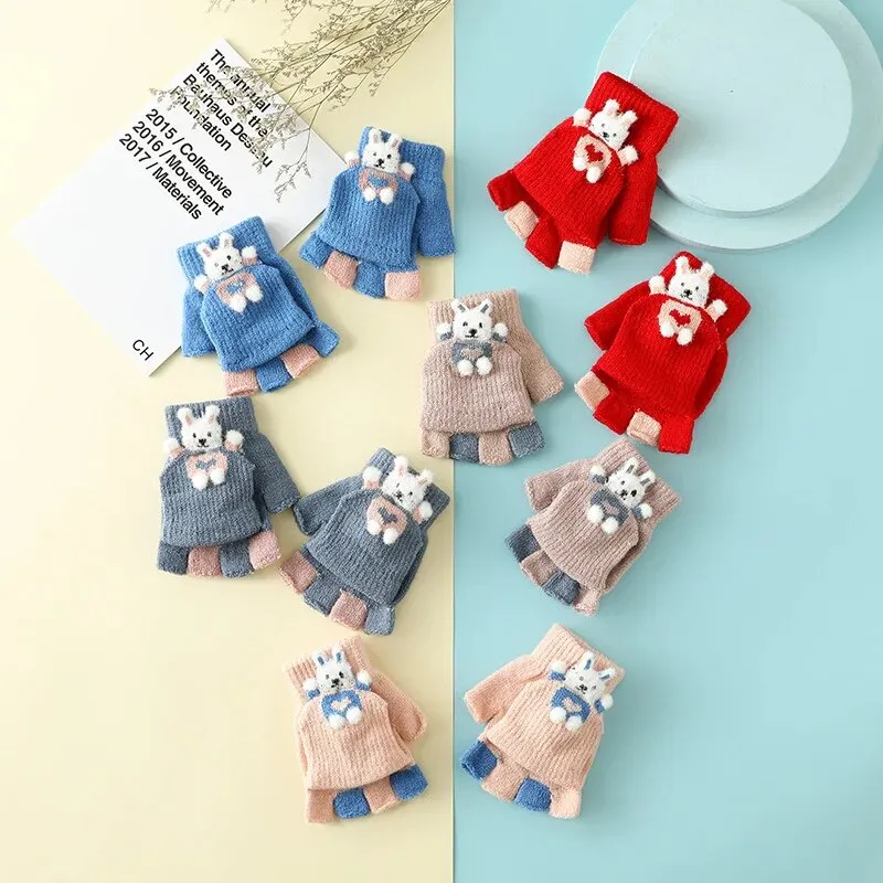 Cartoon Bunny Warm Half Finger Flip Gloves for Kids