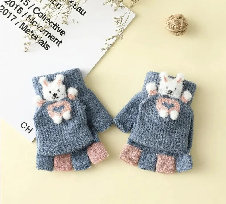 Cartoon Bunny Warm Half Finger Flip Gloves for Kids