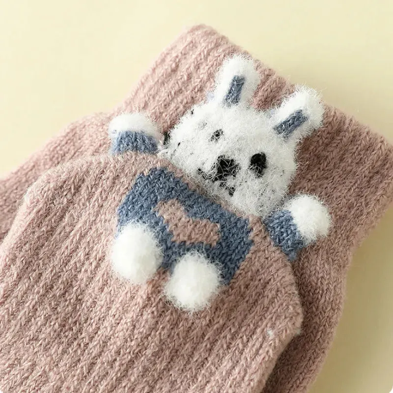 Cartoon Bunny Warm Half Finger Flip Gloves for Kids