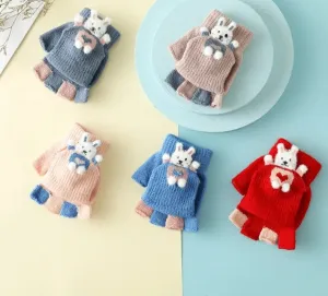 Cartoon Bunny Warm Half Finger Flip Gloves for Kids
