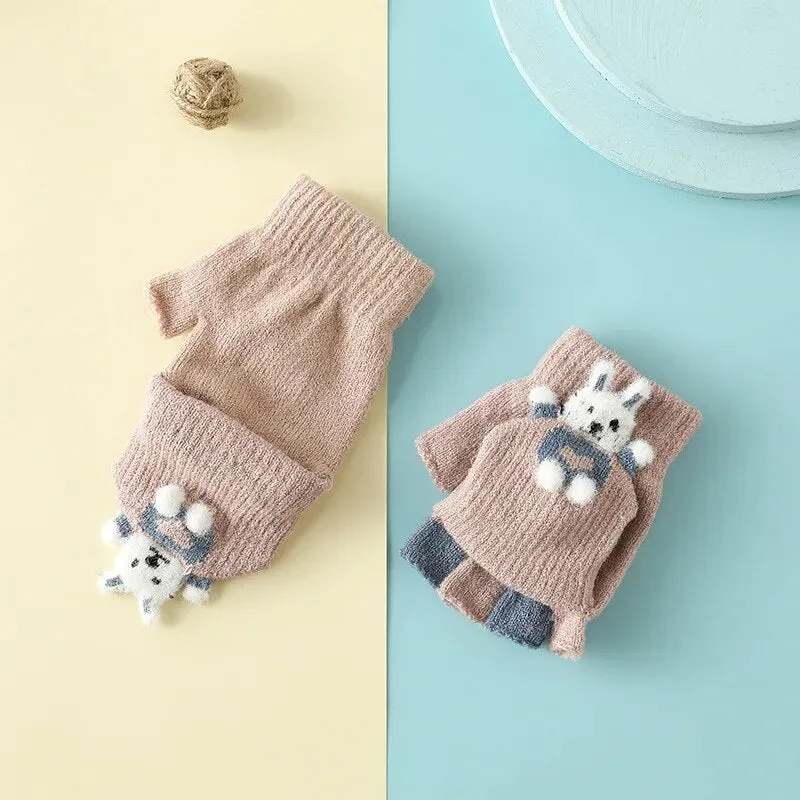 Cartoon Bunny Warm Half Finger Flip Gloves for Kids