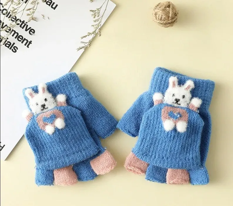Cartoon Bunny Warm Half Finger Flip Gloves for Kids
