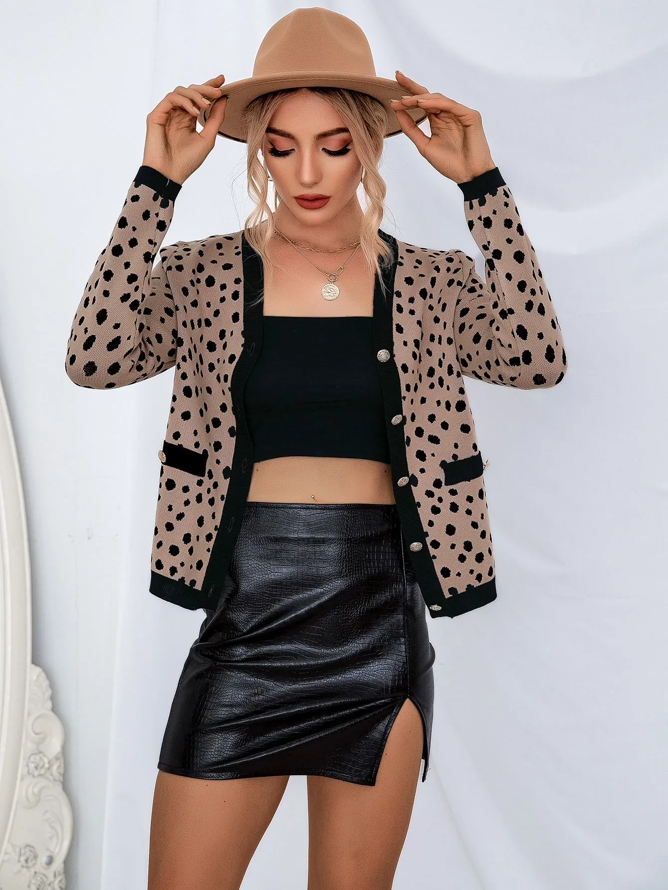 Casual All Over Print Button Front Long Sleeve V Neck Crop Women Cardigan