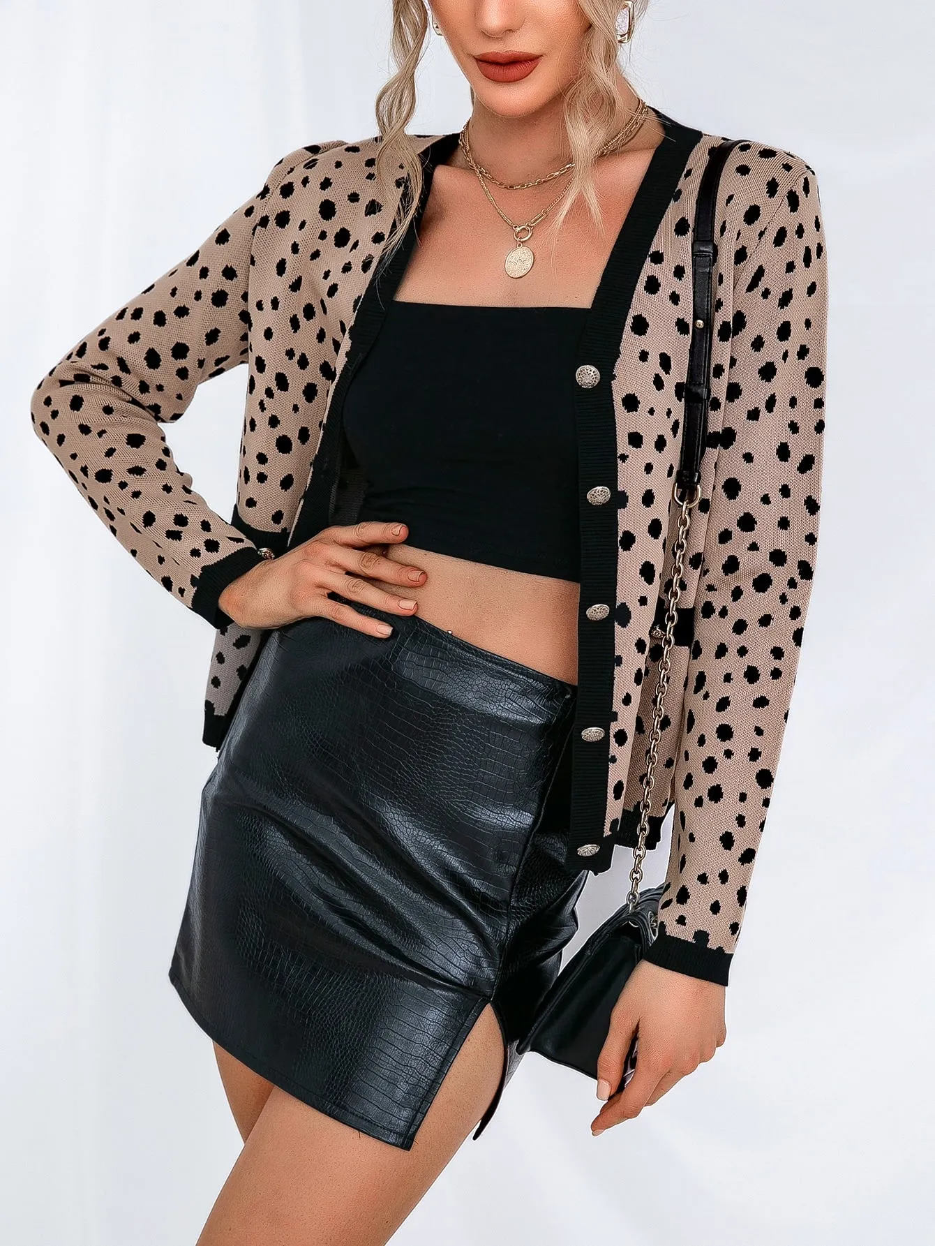 Casual All Over Print Button Front Long Sleeve V Neck Crop Women Cardigan