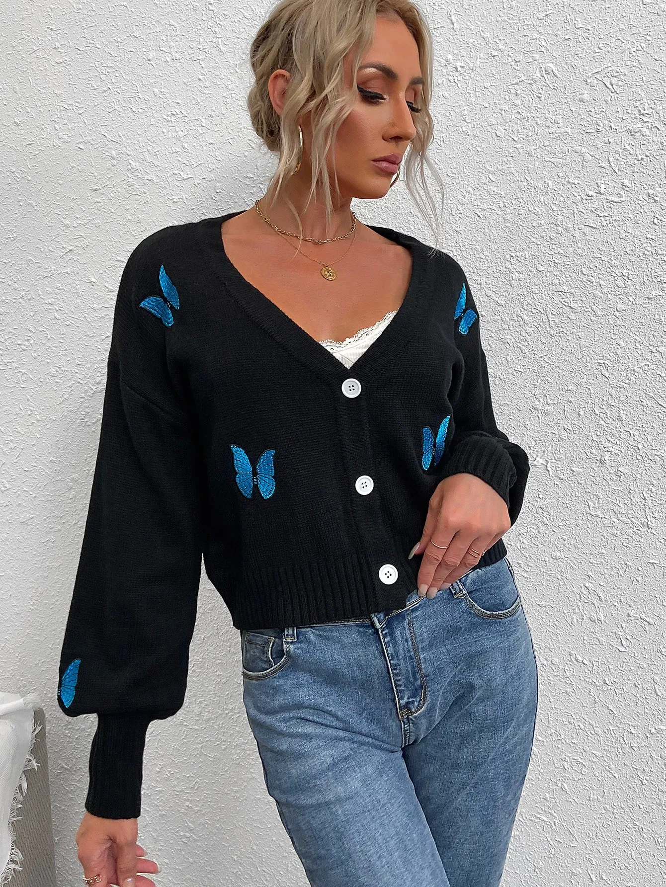 Casual Animal Button Front Long Sleeve Deep V Neck Regular Women Cardigan