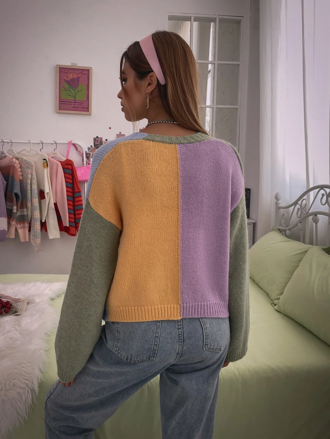 Casual Colorblock Button Long Sleeve V Neck Regular Women Cardigan