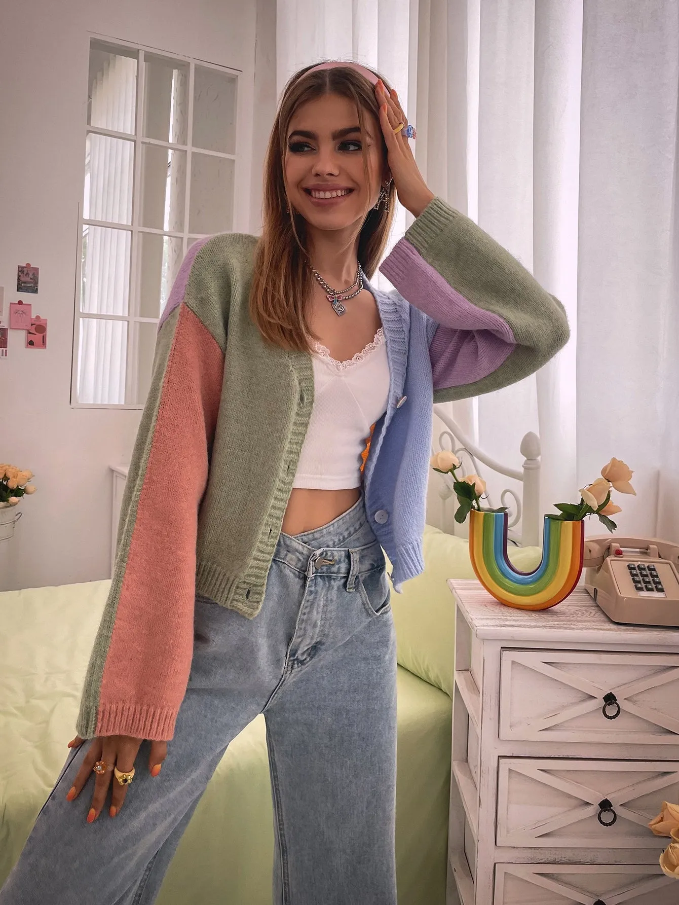 Casual Colorblock Button Long Sleeve V Neck Regular Women Cardigan