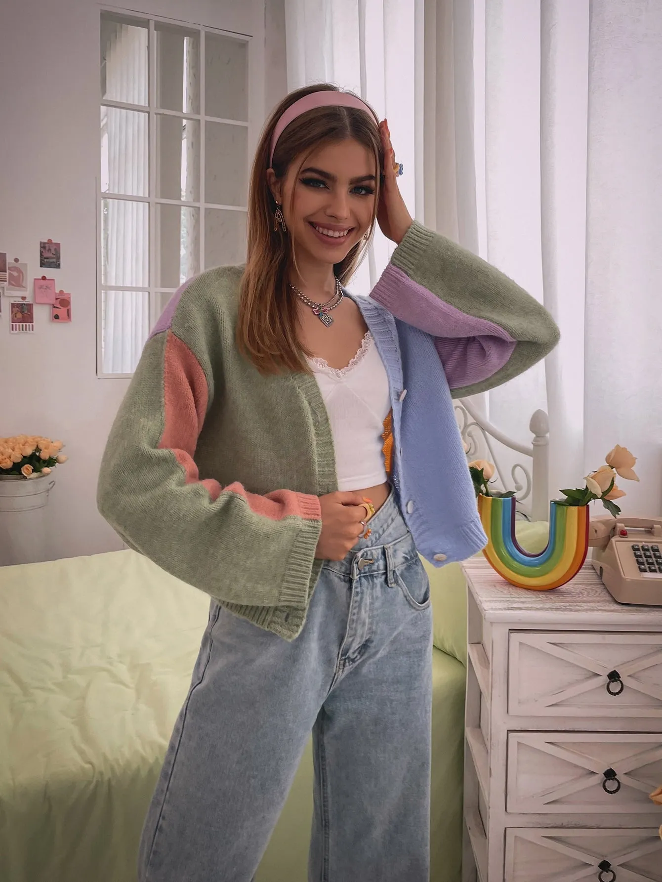 Casual Colorblock Button Long Sleeve V Neck Regular Women Cardigan