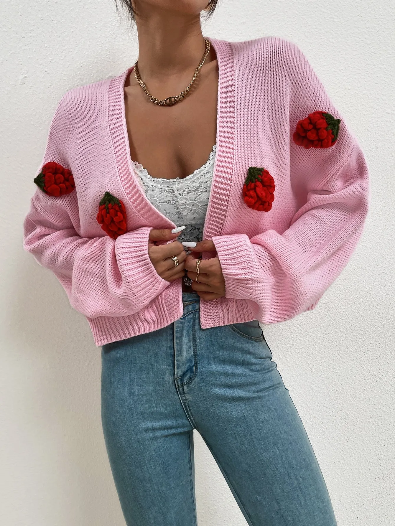 Casual Fruit&Vegetable Appliques Long Sleeve Crop Women Cardigan