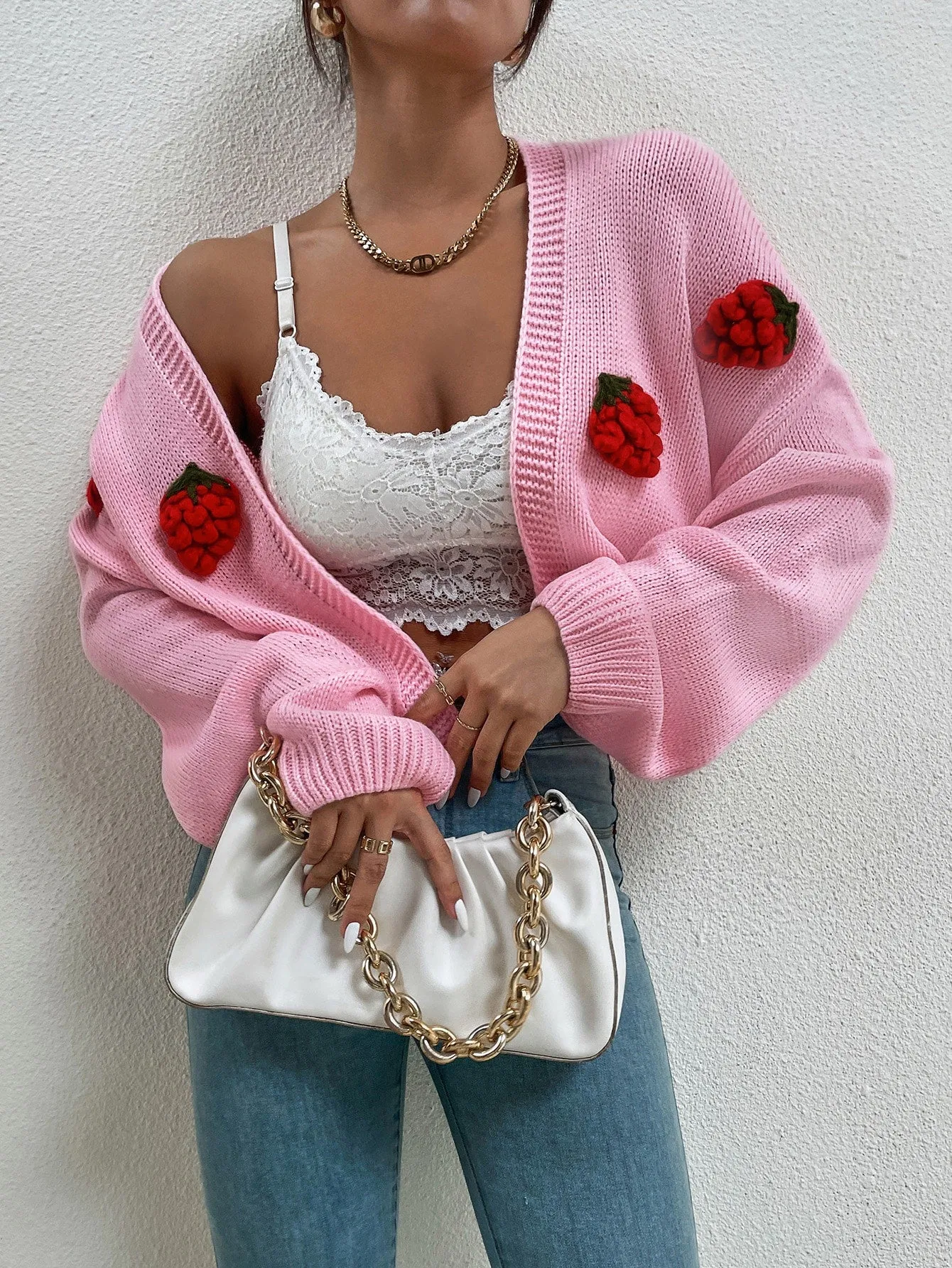 Casual Fruit&Vegetable Appliques Long Sleeve Crop Women Cardigan