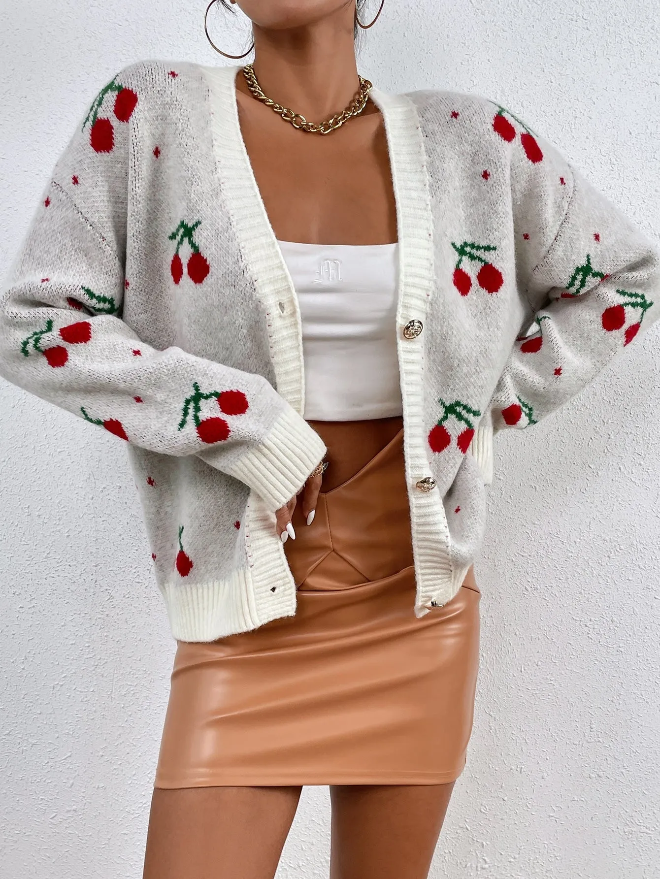 Casual Fruit&Vegetable Button Front Long Sleeve V Neck Regular Women Cardigan
