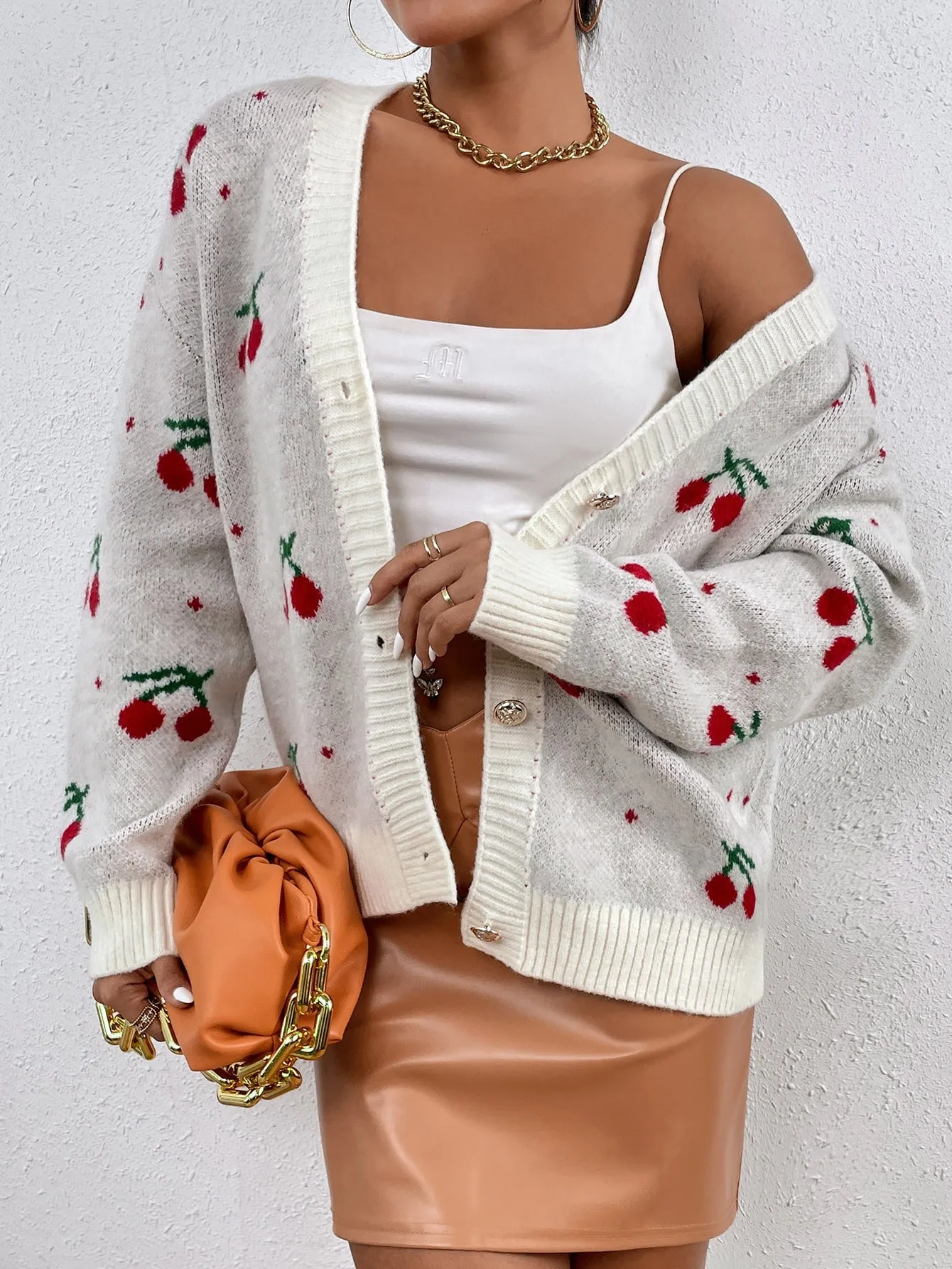 Casual Fruit&Vegetable Button Front Long Sleeve V Neck Regular Women Cardigan
