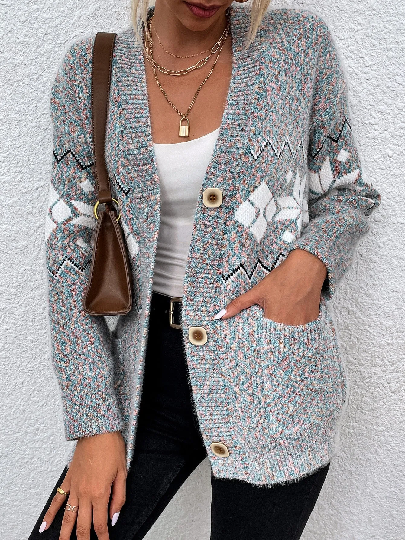 Casual Geometric Button Front Long Sleeve Deep V Neck Short Women Cardigan