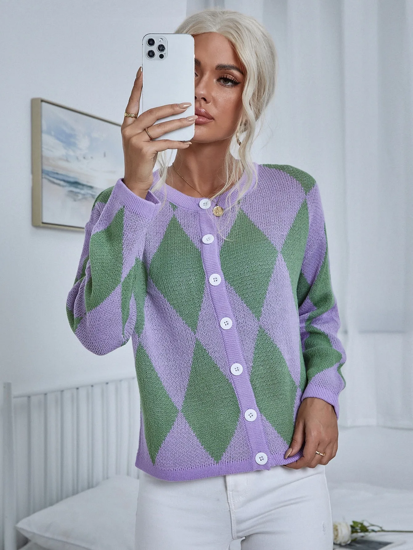 Casual Geometric Button Front Long Sleeve Round Neck Regular Women Cardigan