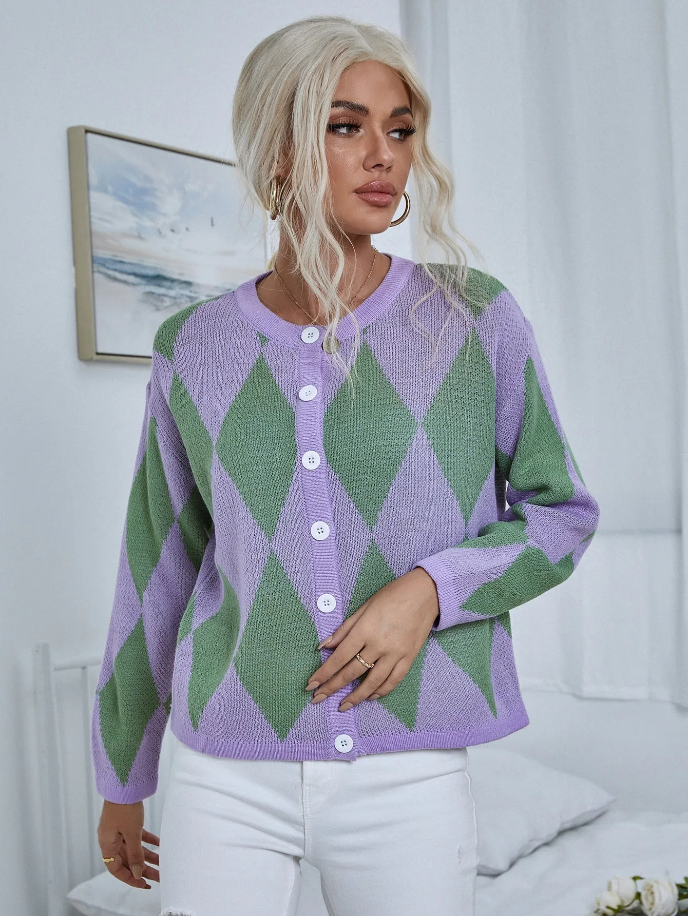 Casual Geometric Button Front Long Sleeve Round Neck Regular Women Cardigan