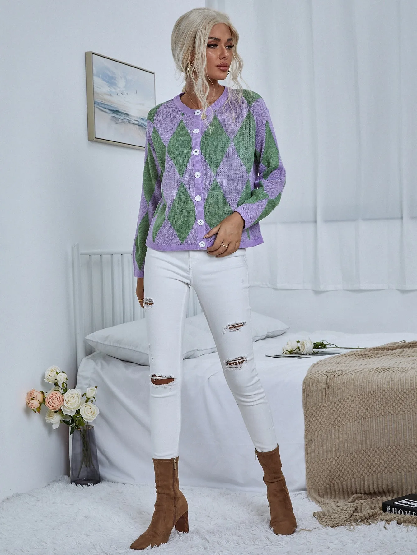 Casual Geometric Button Front Long Sleeve Round Neck Regular Women Cardigan