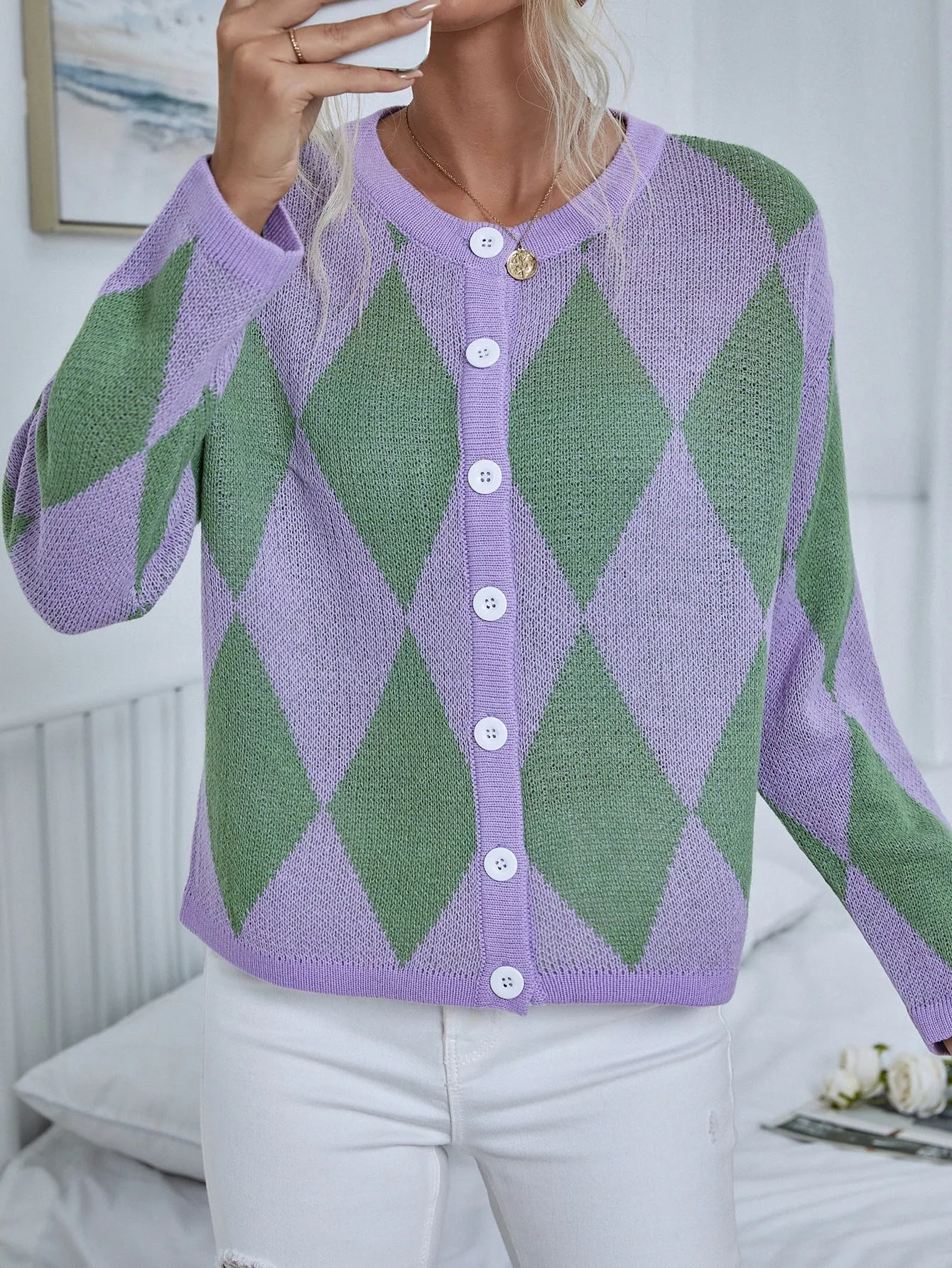 Casual Geometric Button Front Long Sleeve Round Neck Regular Women Cardigan